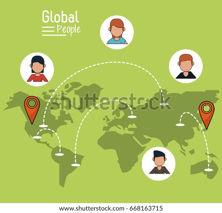 poster of global people with light green background with map of the world and map pointer route