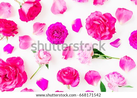 Floral pattern of peony flowers, pink roses and leaves on white background. Flat lay, top view