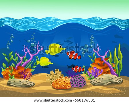 beauty clown fish, yellow tang and coral. vector illustration of the sea. cartoon