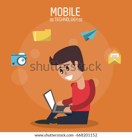 color poster of mobile technology with man sitting with laptop computer and icons apps on top