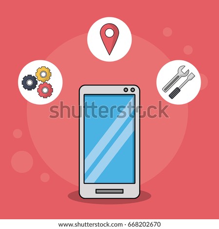 color background with smartphone in closeup and icons of tools and map pointer on top