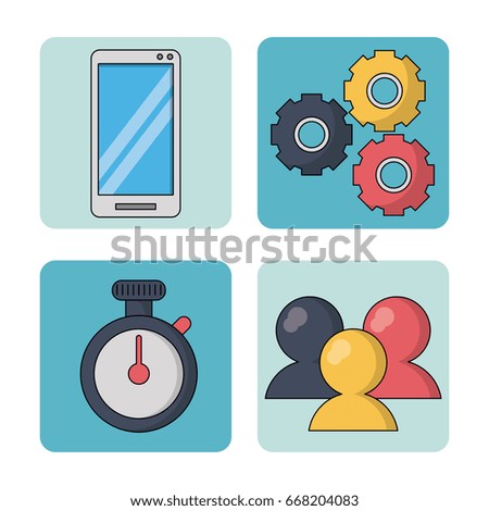 white background with colorful squares with smartphone and pinions and watch timer and chat