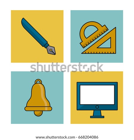 white background with colorful squares of education icons with fountain pen and geometric rulers and bell and computer
