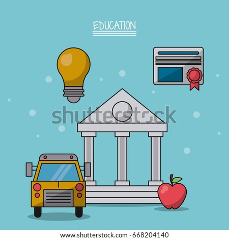 colorful poster of education with parthenon in closeup and icons of school bus and light bulb and diploma and apple fruit