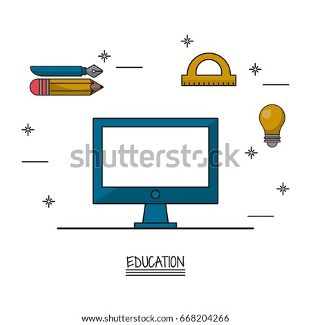 white background poster of education with computer in closeup and icons of pencil and fountain pen and protractor and light bulb