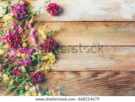 wildflowers on wooden retro grunge background with space for text. mock up for text, phrases, congratulations, lettering