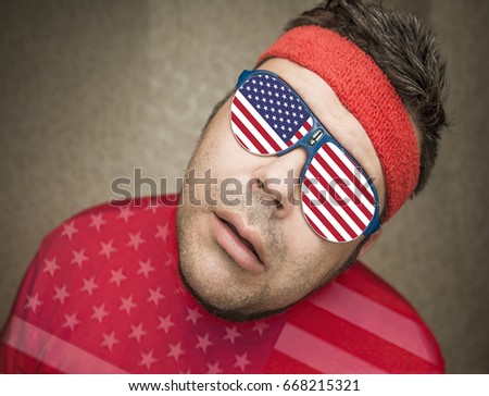 Man wear sunglasses with American flag. young attractive sportsman with american flag, studio shoot isolated on white background. man wear stylish sunglasses. 4th july holiday independence day