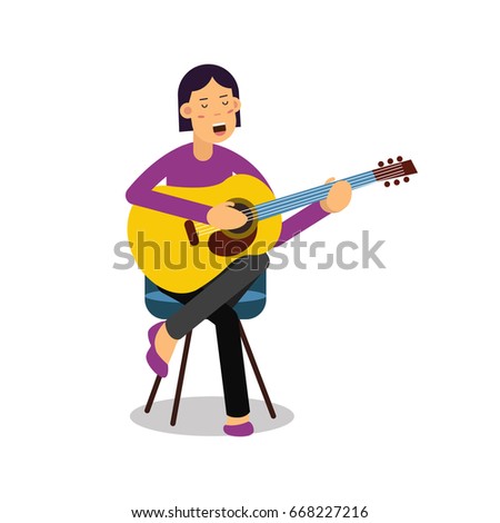 Young woman playing an acoustic guitar and singing cartoon character vector Illustration