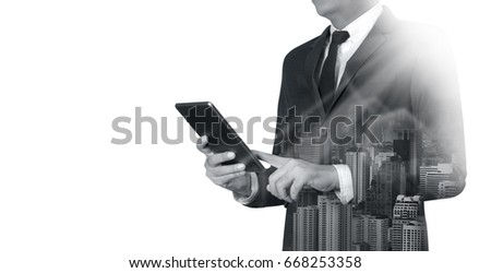 Double exposure business man concept using digital tablet and icon of media screen