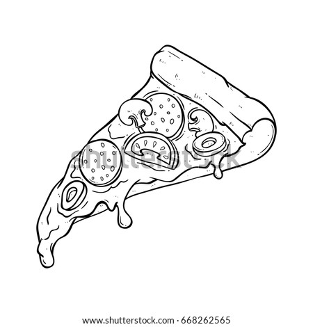 sketch pizza with tasty topping with tomato, pepperoni and mushroom using hand drawing style