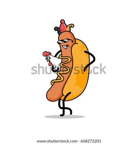 German King Hot Dog character illustration with hen