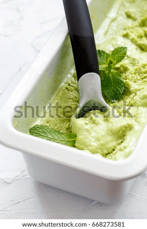 Spoon in the tray with homemade mint ice cream on a concrete background, selective focus.