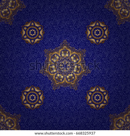 Vector seamless pattern with gold ornament. Golden texture on a blue background.