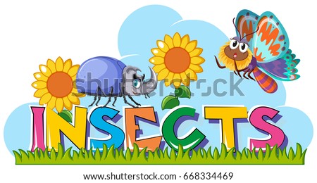 Word insects with beetle and butterfly in garden illustration