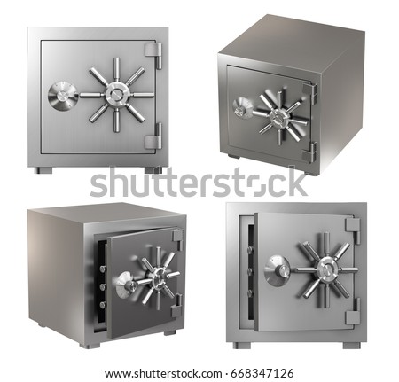 Collection of Realistic Safe Box. High Detailed 3d Rendering Isolated on White Background Royalty-Free Stock Photo #668347126