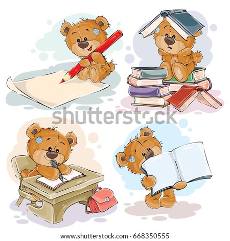 Set of clip art illustration with a teddy bear on the topic of school and university education. Funny illustrations for greeting cards and children s books