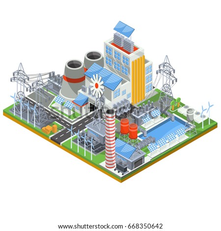 Isometric illustration of a thermal thermal power plant running on alternative sources of energy. The concept of eco-friendly green energy by using wind and solar energy