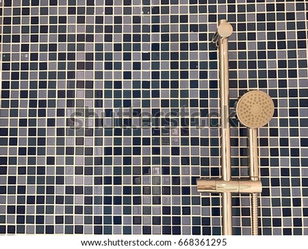 steel shower outlet with holder and blue mosaic as background