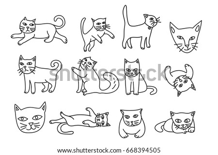 cute cat hand drawn icon vector set line art illustration