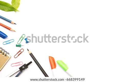 Pencil, Clip, Notebook, Leaf, on white background.Represent the business and office supply related equipment.