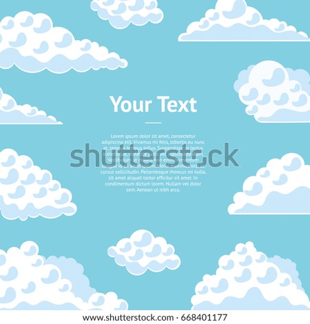 Cartoon Fluffy Clouds on The Blue Sky Banner Card Flat Design Style. Vector illustration