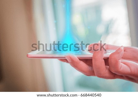 Smartphone and lighting blue digital cyber circular networking as globalization, technology, communication and innovation concept