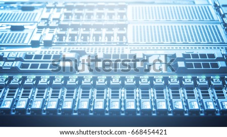 Bottom view of rack server storage and network against neon light in data center with dept of field in blue cool tone , technology background