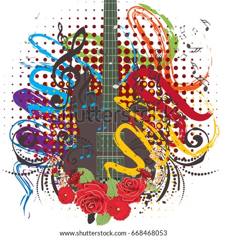 Retro style modern guitar colorful grunge illustration, music background.