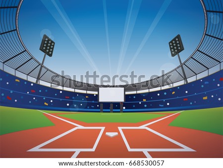 Baseball field with bright stadium. vector illustration.
