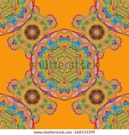 Good for Christmas cards, decoration, menus, web, banners and designs related to wine and holidays. Vector illustration. Seamless pattern with yellow, pink and blue elements.