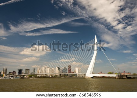Rotterdam city cityscape skyline with Erasmus bridge and Nieuwe Maas (Rhine) river in front. South Holland, Netherlands. 
