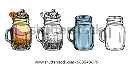 Jar sketch set. Illustration isolated on white background. Engraving style. Botanical food illustration. 