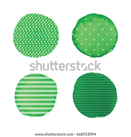 Vector watercolor stains.Green watercolor paint circles vector backgrounds set.Watercolor elements with patterns from drops, triangles, waves and chevron
