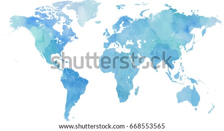 Blue vector world map in watercolor style