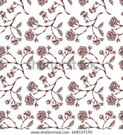 Vector illustration of vintage engraved rose twigs with leaves and petals - seamless pattern in retro style with botanical illustration, hand drawn clip art.