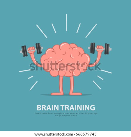 Brain power. Brain exercise. Cartoon brain character lifting dumbbells. Education concept. Vector illustration in flat style.