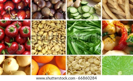 Food collage including pictures of vegetables, fruit, pasta