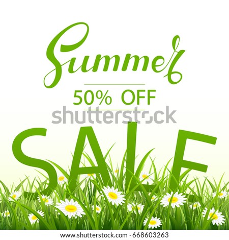 Lettering Summer Sale with grass and flowers on white background, illustration.