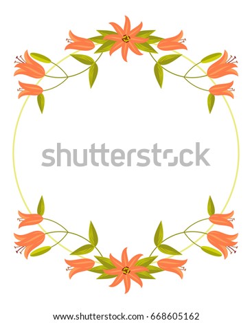 Round decorative frame with abstract orange flowers. Vector clip art.
