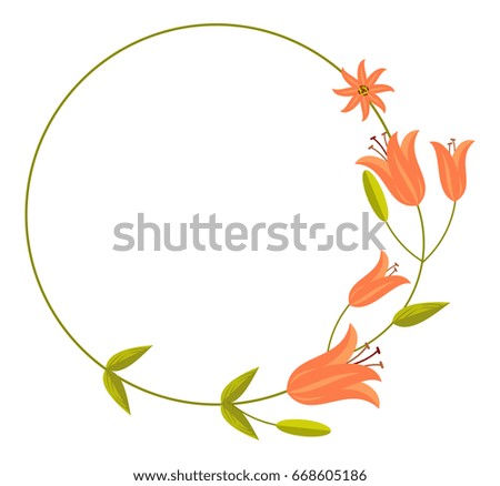 Round decorative frame with abstract orange flowers. Vector clip art.