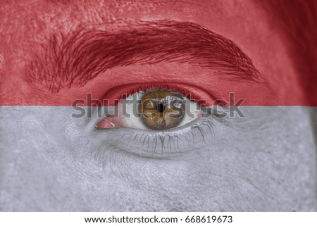 Human face and eye painted with flag of Indonesia