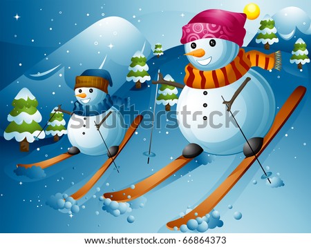 Illustration of Snowmen Skiing Down a Mountain Slope