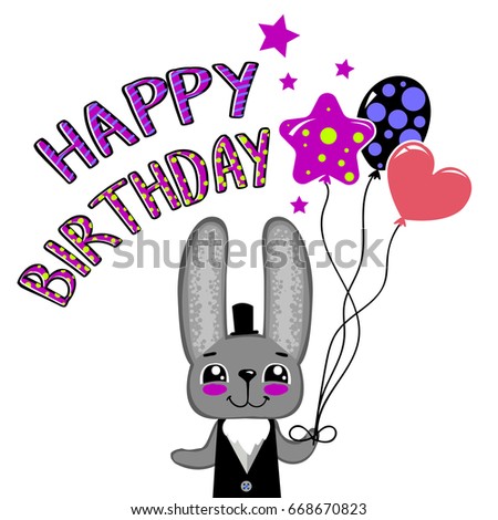 Happy birthday. Celebration card with colorful hand written words, rabbit wearing in black vest and hat, hold three balloons. Funny childish poster