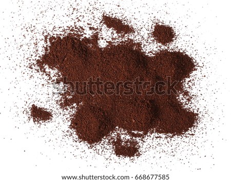 Pile of powdered, instant coffee isolated on white background, top view