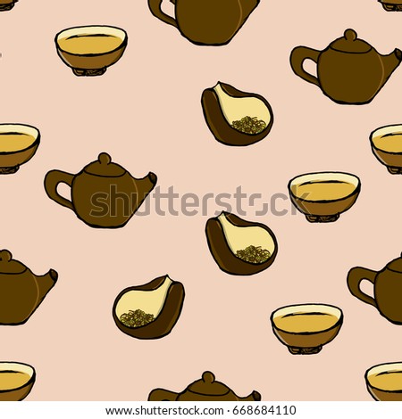 Seamless vector pattern in the hand-drawn style. A simple picture showing a clay teapot, a cup with a brewed drink and a bowl with a dry tea leaves