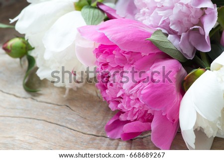Peony flowers on a wooden background/toned photo