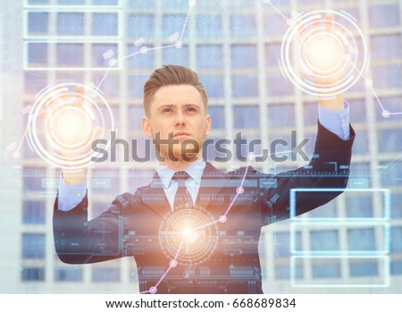 Man manages virtual data. Business man searching for data - concept modern digital technology. 