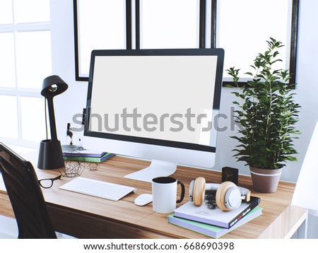 Luxury wooden desk with computer PC mockup