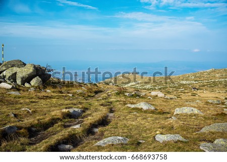 View of the city of Sofia from the mountain Vitosha. Landscape with blue sky and the stones. Bulgaria, Balkans