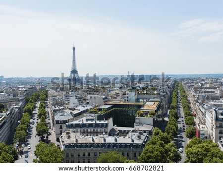 Eiffel Tower background with room for text on the right. Aerial Paris, France travel background concept.